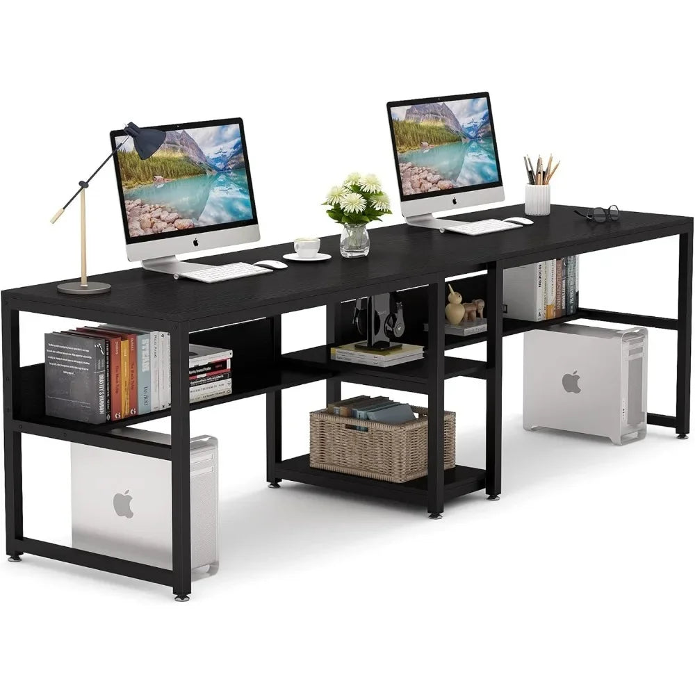 78.7" Two Person Writing Desk with Bookshelf for Home Office