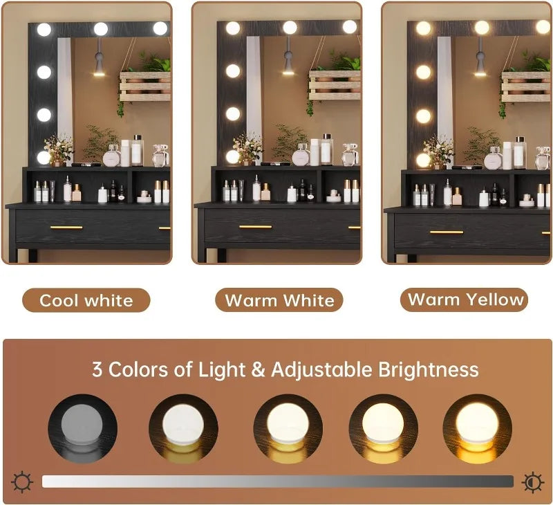 Makeup Vanity with Lights, Charging Station, with 10 Light Bulbs, Mirror & 3 Lighting Modes