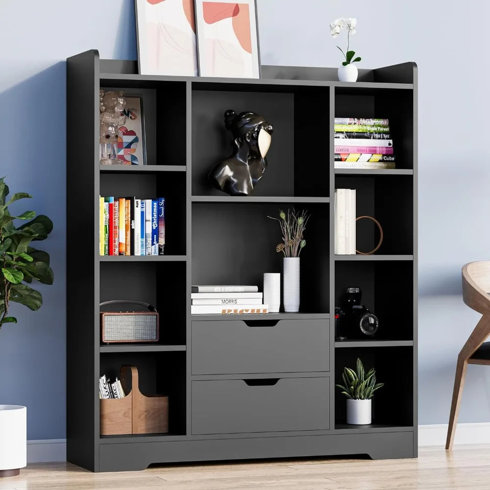 4-Tier Open Shelf Bookcase, 47.2" Cube Storage Shelf with 10 Cubes and 2 Drawers