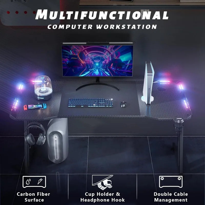 47 Inch Gaming Desk with LED Lights Carbon Fiber Surface