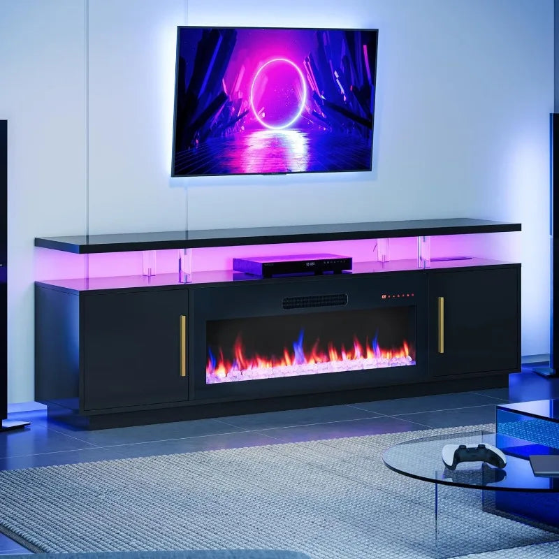 70" TV Stand for TVs up to 75", LED Light Entertainment Center with 36" Electric Fireplace Heater