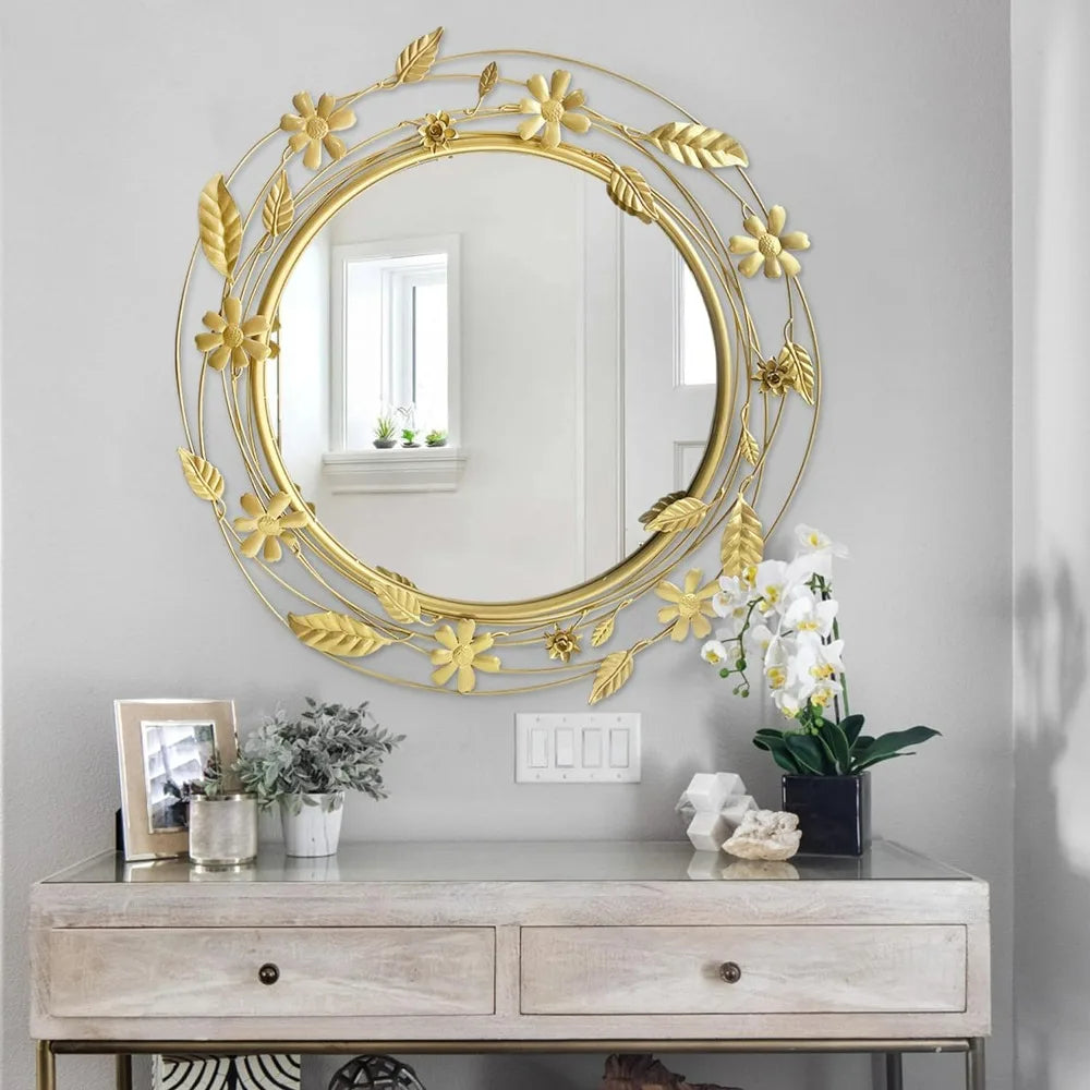 Wall Mirror Decorative with Metal Leaves Flower