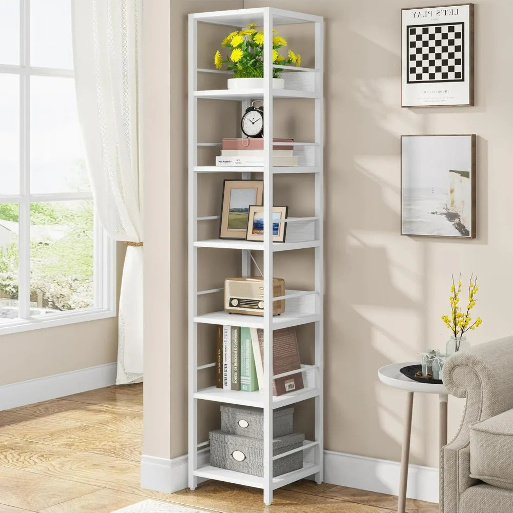 6-Tier Corner Shelf, Rustic Open Bookcase Square Shelf Tower for Living Room Bathroom