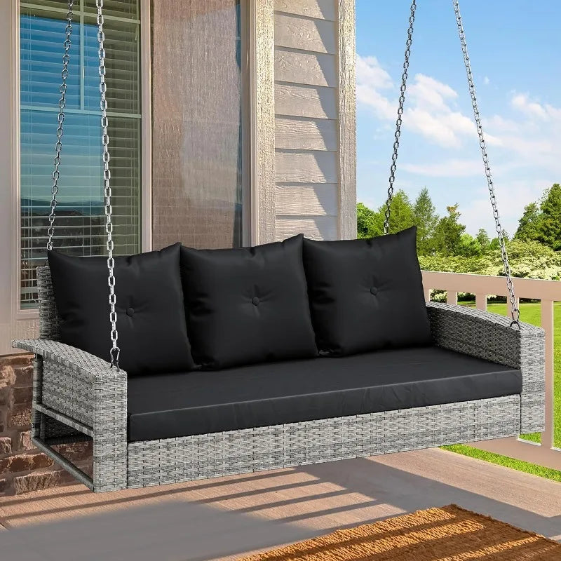 3-Seats Wicker Hanging Porch Swing Chair Outdoor Gray Rattan Patio Swing Lounge 3 Back Cushions