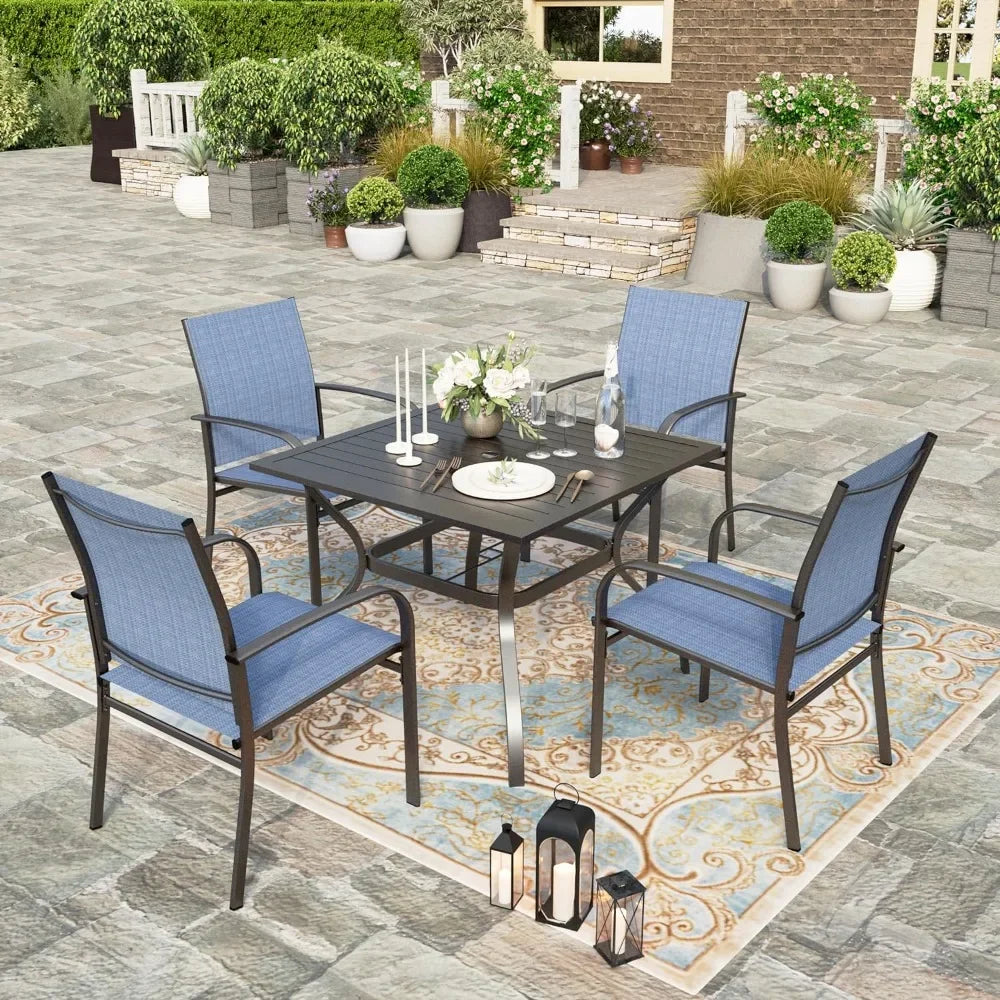 Outdoor Table and Chairs Set,4 X Grey Textilene Dining Chair, 37" Square Metal Dining Table