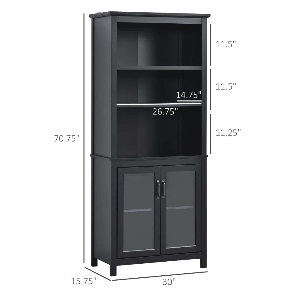 2024 New 71" Bookcase Storage Hutch Cabinet with Adjustable Shelves and Glass Doors