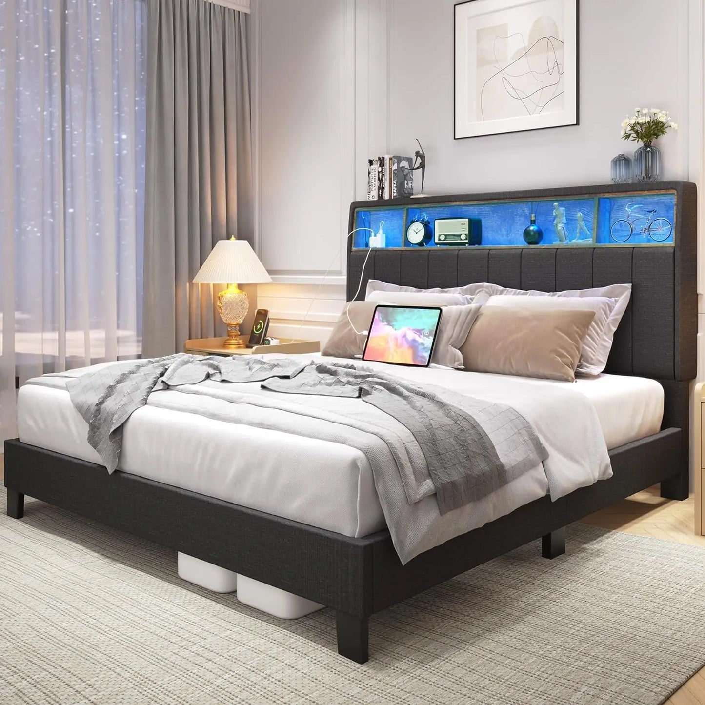 Queen Bed Frame with Storage Headboard, Upholstered Queen Bed Frame with Built in Charging Station & LED