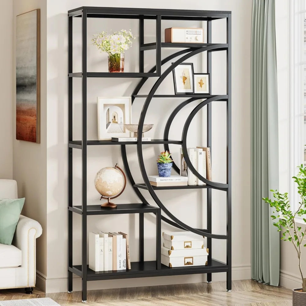 71 inches Bookcase Set, Industrial 8-Tiers Bookshelves with Circle Metal Frame