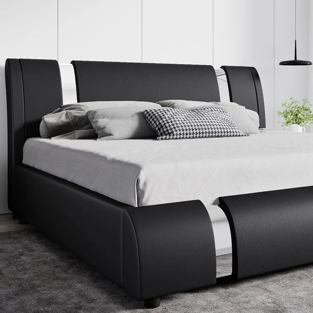 Modern Faux Leather Queen Bed Frame with Adjustable Headboard and Iron Accents