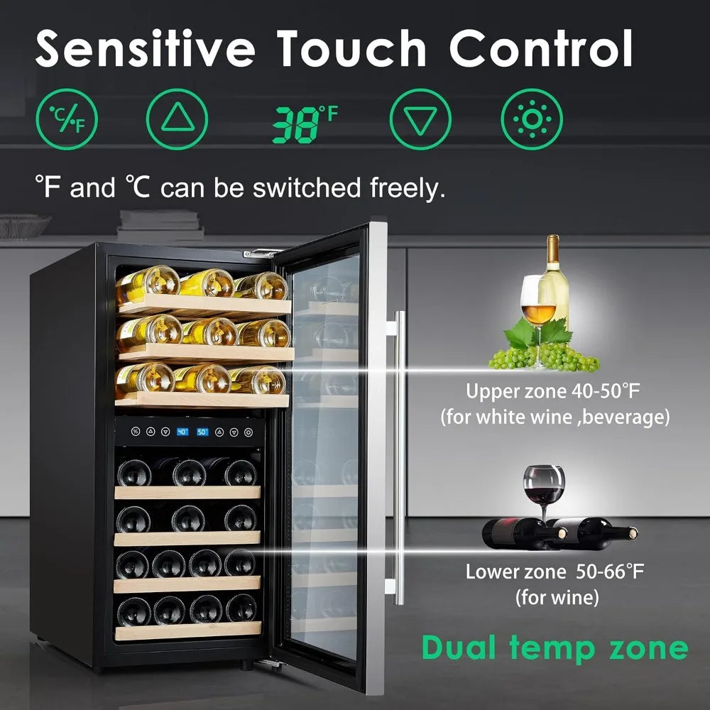 Wine Cooler Refrigerator 16 inch 33 Bottles Dual Zones Mini Fridge, Auto Defrost, Temperature Memory