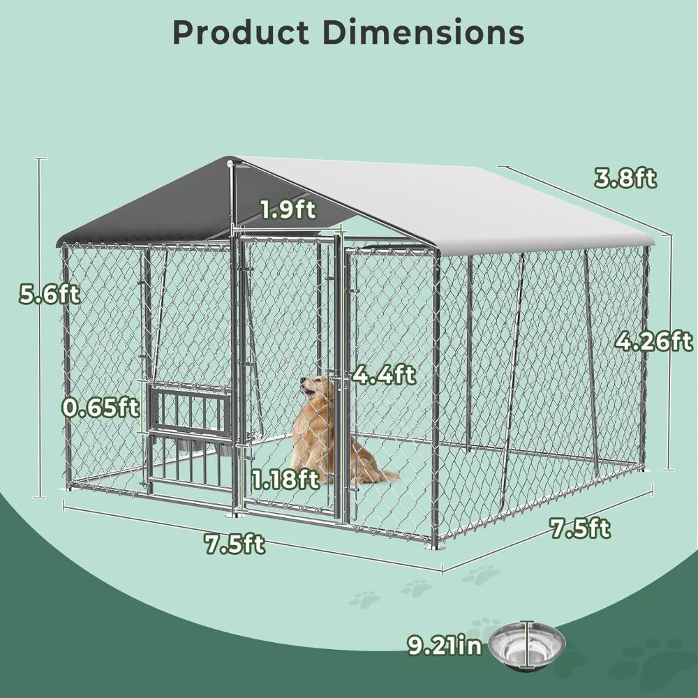 7.5 x 7.5 x 5.6 foot outdoor dog house with roof and bowl