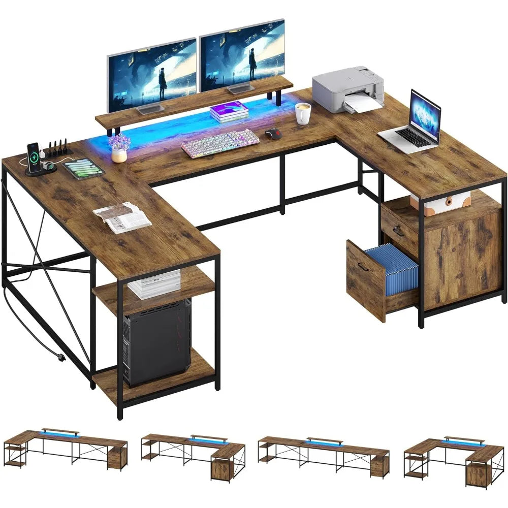 U Shaped Desk with Power Outlets & LED Lights, Monitor Stand & Storage Shelves