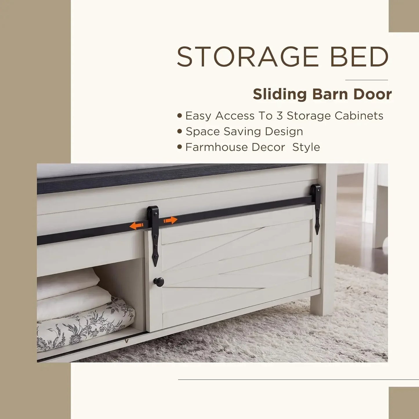 Farmhouse Wood Bed Frame Queen Size with Sliding Barn Door Storage Cabinets and Headboard