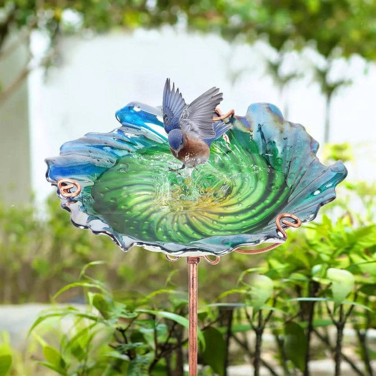 US 11.42 in. Glass Bird Bath Outdoor Birdbaths Garden Birdfeeder with Metal Stake