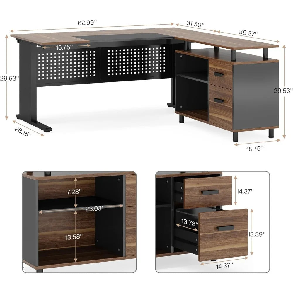 63 Inch Desk with File Cabinet, L Shaped Computer Desk with Drawers and Storage Shelves