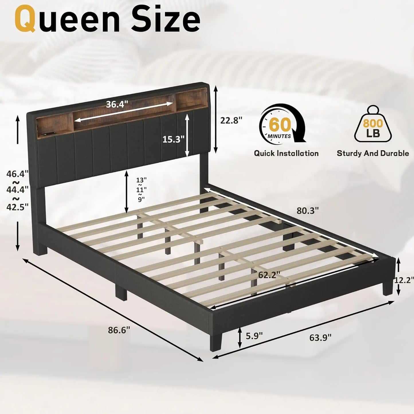 Queen Bed Frame with Storage Headboard, Upholstered Queen Bed Frame with Built in Charging Station & LED