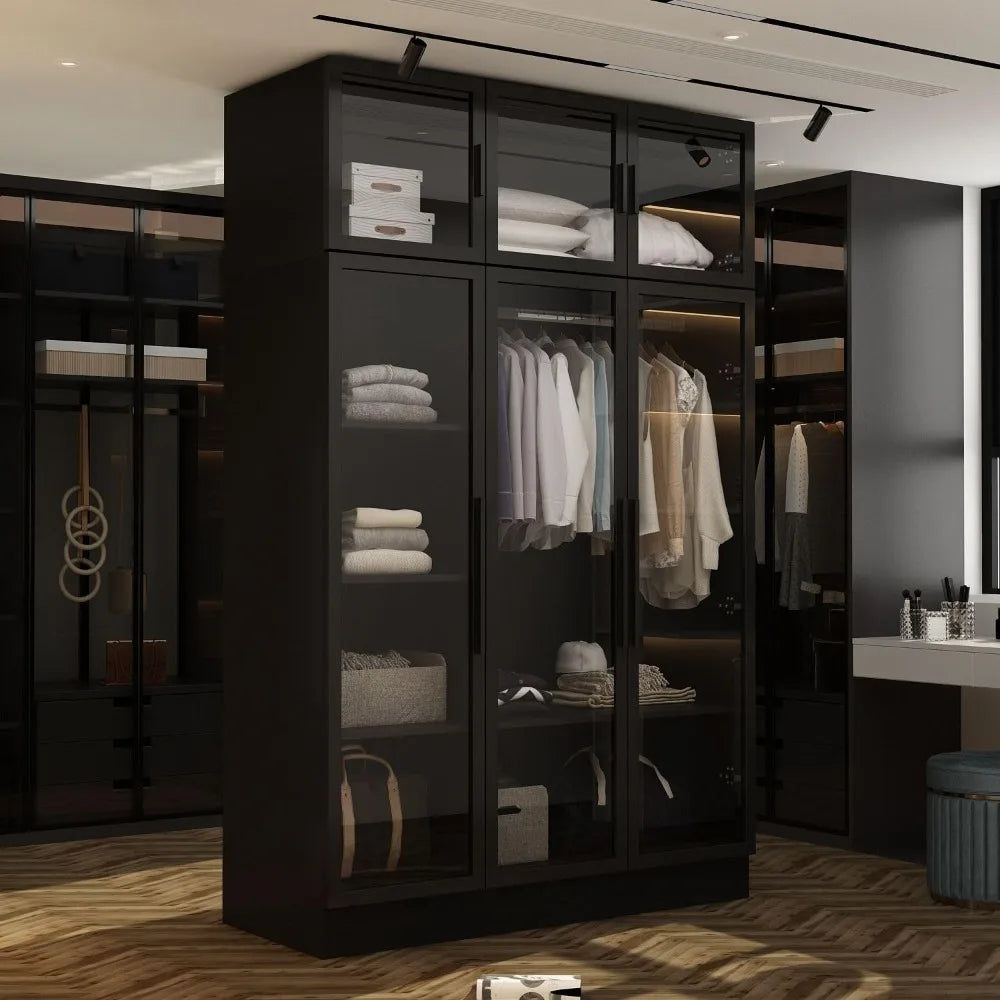 Illuminated Glass Wardrobe Closet with Shelves and Hanging Rod