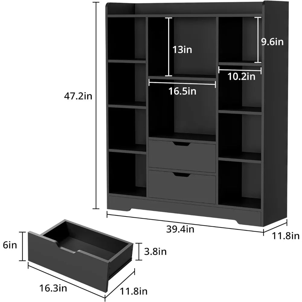 4-Tier Open Shelf Bookcase, 47.2" Cube Storage Shelf with 10 Cubes and 2 Drawers