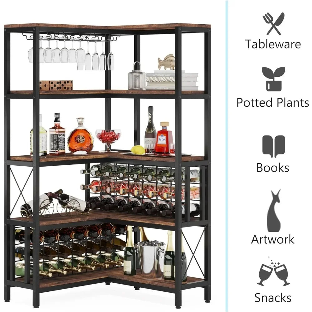 Large Corner Wine Rack, 5Tier L Shaped Industrial Floor Bar Cabinets