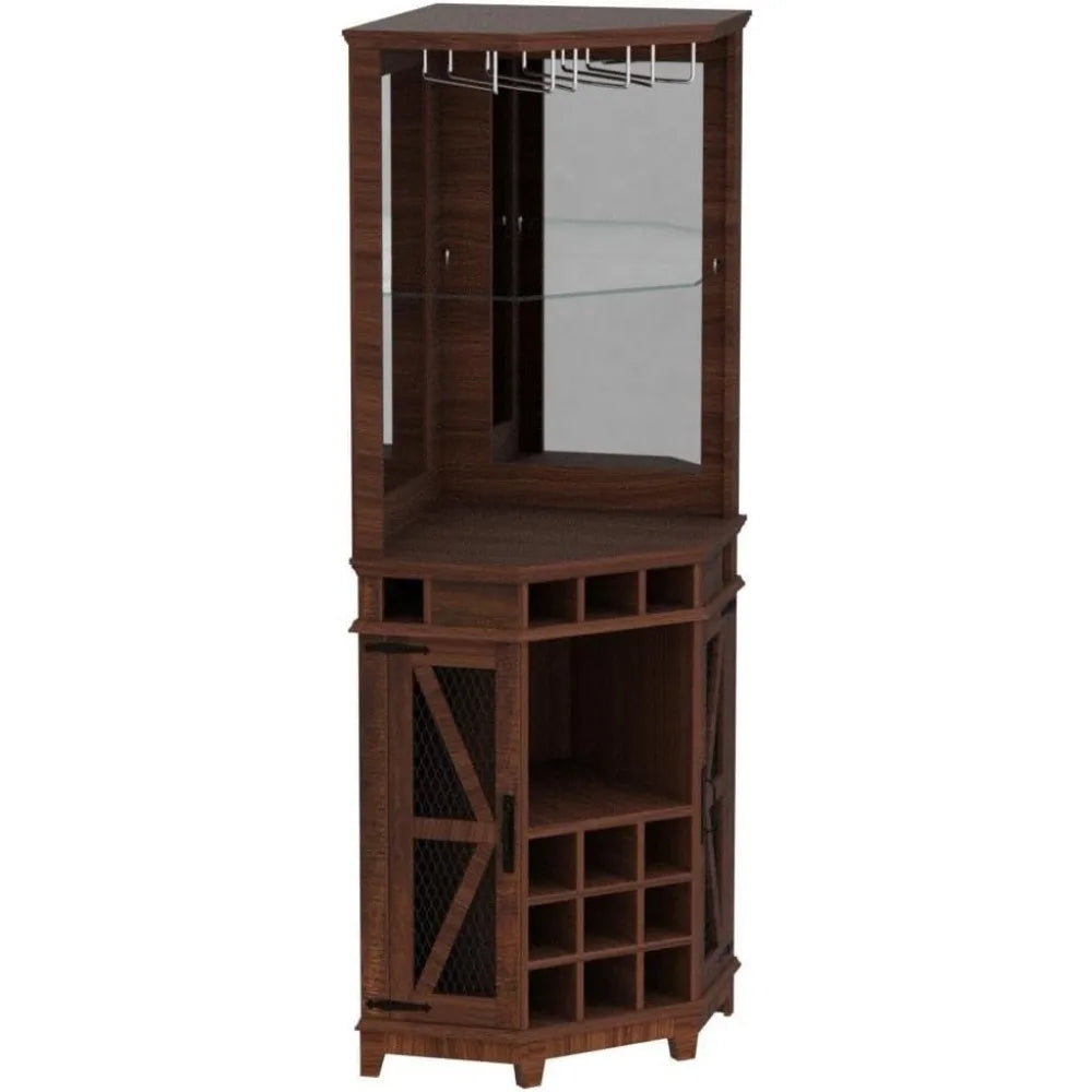 Corner Bar Storage Cabinet, 72" Tall Farmhouse Wine Bar Cabinet w/Barn Door & Adjustable Shelf