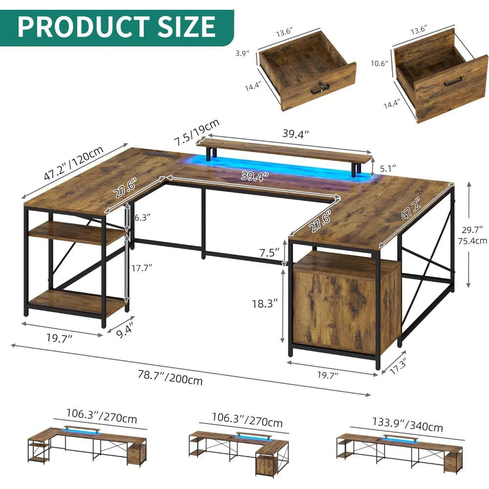 U Shaped Desk with Power Outlets & LED Lights, Monitor Stand & Storage Shelves