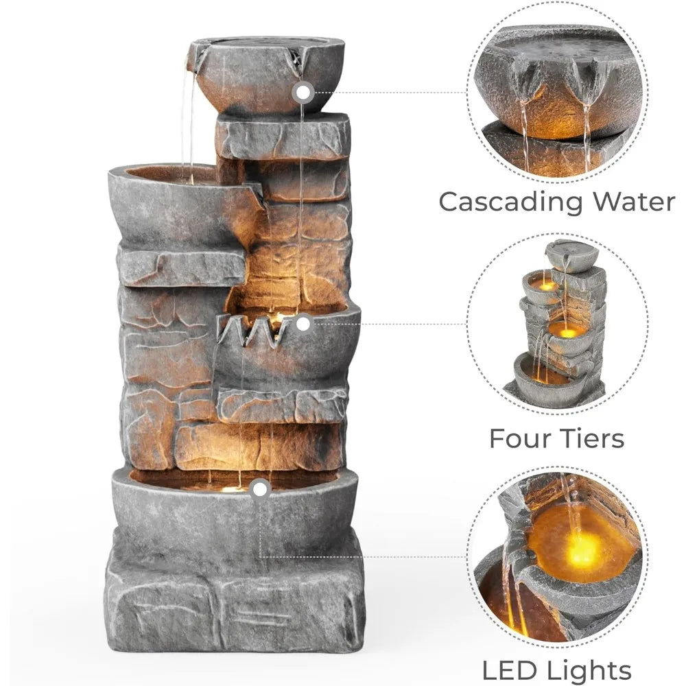 LED Outdoor Water Fountain, 4 Cascading Bowls and Stacked Stones