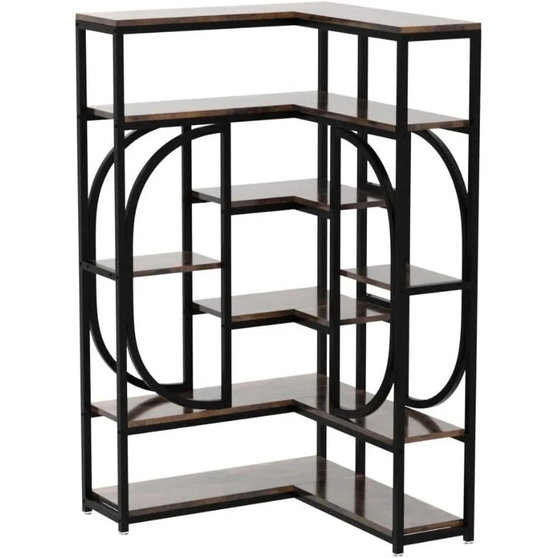 7-Shelf Corner Bookshelf, Tall L-Shaped Corner Shelf Stand Display Rack with Storage, Metal Frame