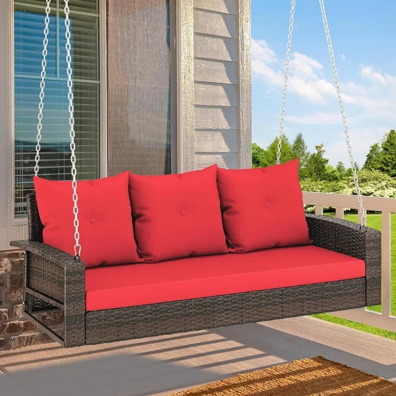 3-Seats Wicker Hanging Porch Swing Chair Outdoor Gray Rattan Patio Swing Lounge 3 Back Cushions