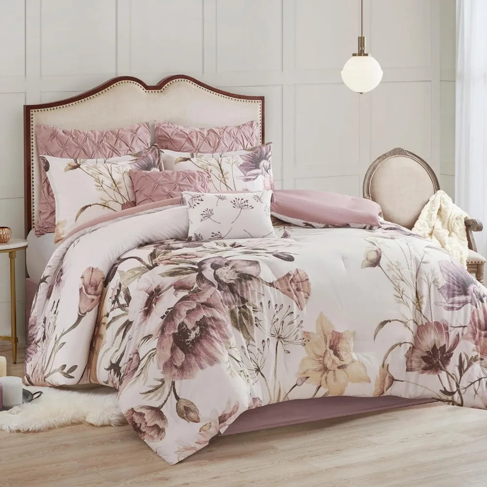 Cassandra Cotton Blend Comforter Set, Queen Blush 8 Piece