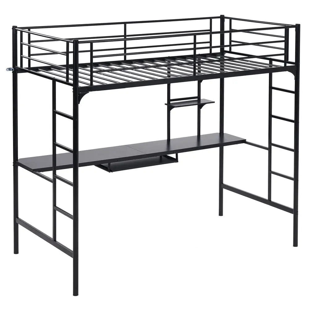 Heavy-duty Twin Metal Loft Bed Frame with Desk and 2 Shelf 2 Ladders for Teens