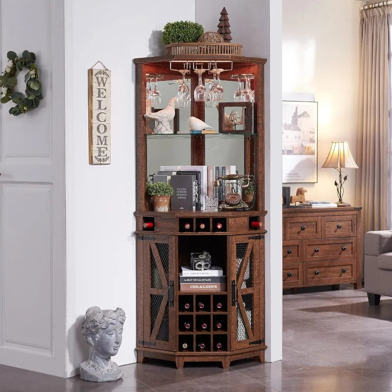 Corner Bar Storage Cabinet, 72" Tall Farmhouse Wine Bar Cabinet w/Barn Door & Adjustable Shelves, w/LED Lights