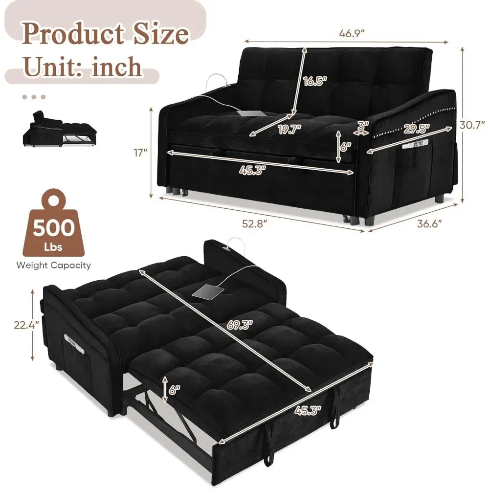 3 in 1 Sleeper Sofa Couch Bed with USB & Type C Port, 52"