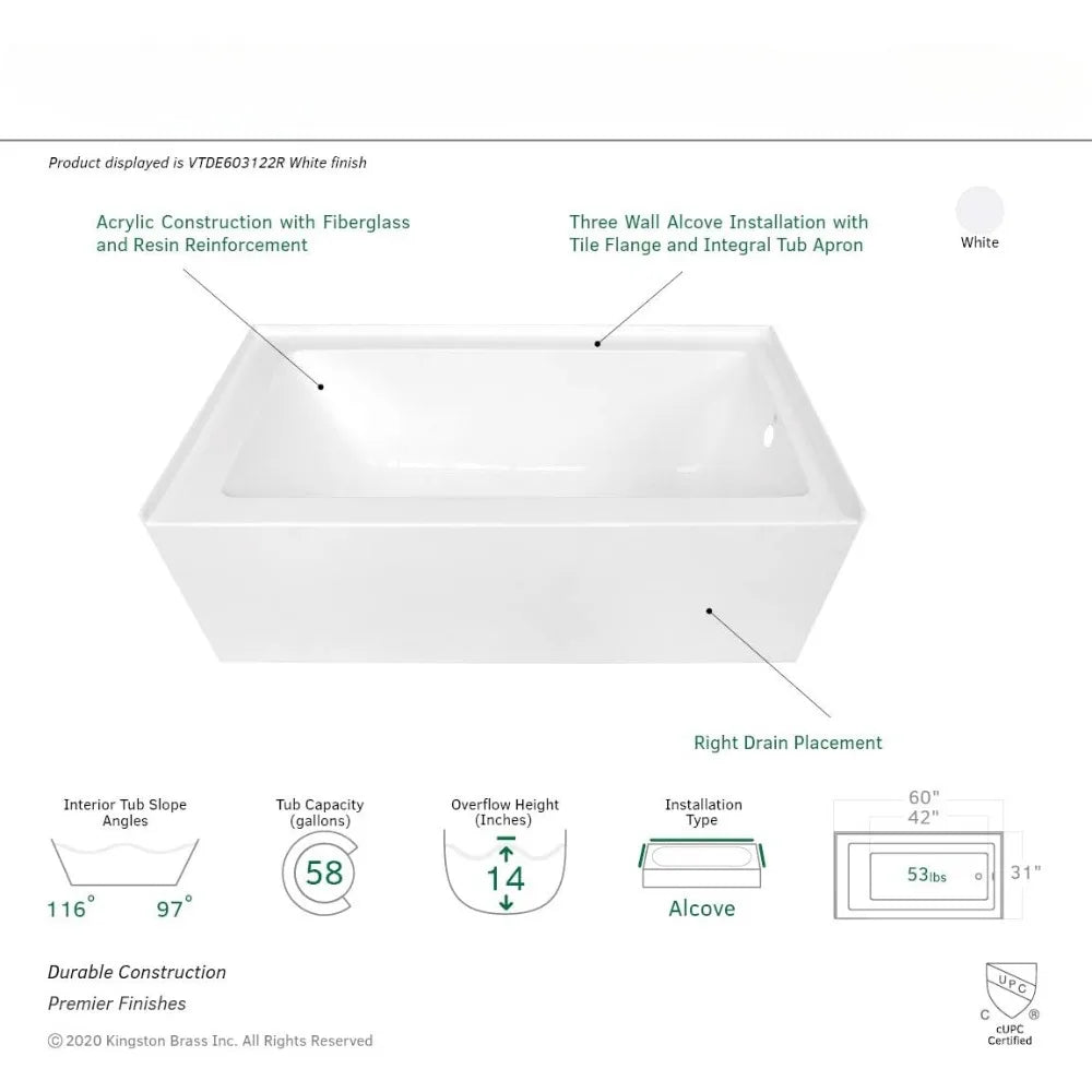 60-Inch Contemporary Acrylic Bathtub with Right Hand Drain and Overflow Holes