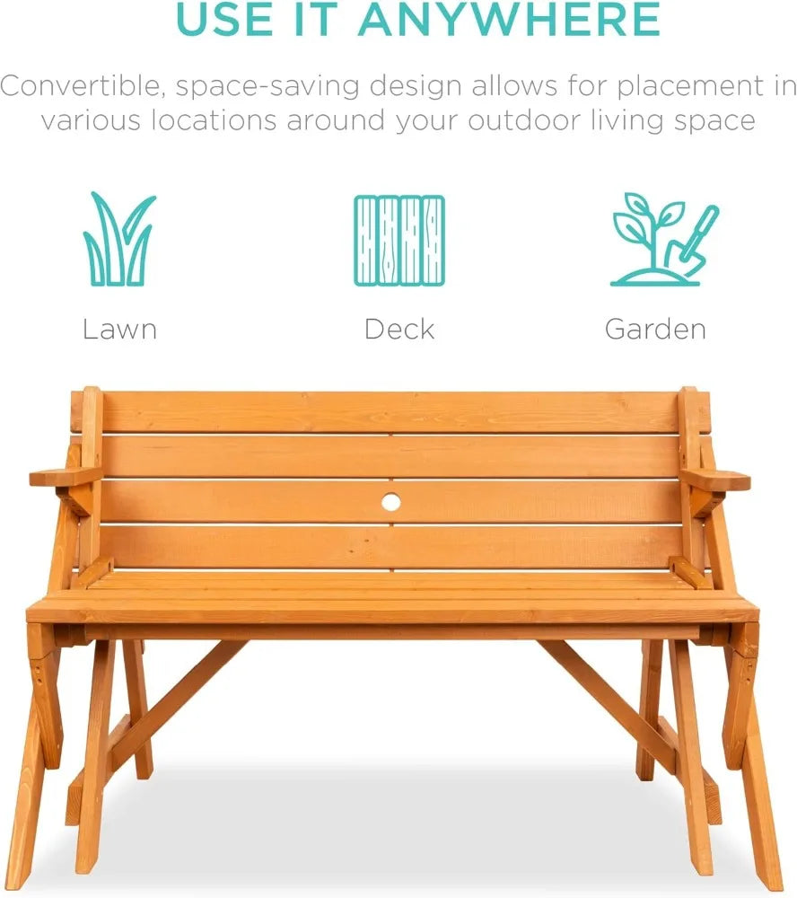 2-in-1 Transforming Interchangeable Outdoor Wooden Picnic Table Garden Bench for Backyard