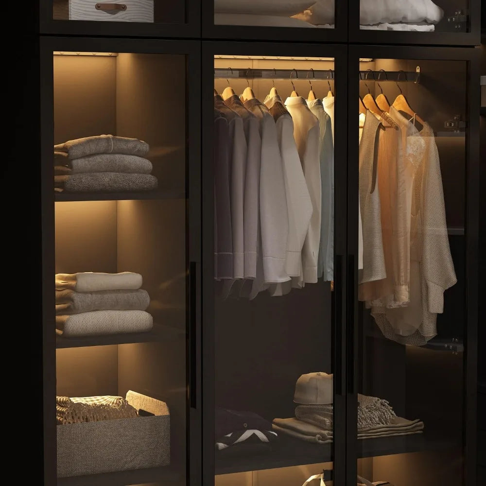 Illuminated Glass Wardrobe Closet with Shelves and Hanging Rod