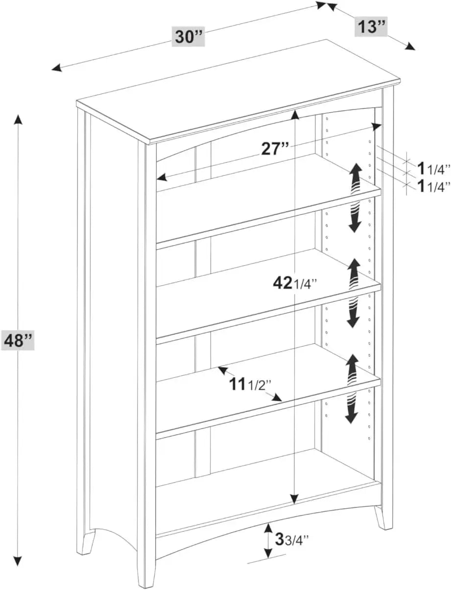 4 Shelf Bookcase Solid Wood 48" High Adjustable Shelving Closed Back