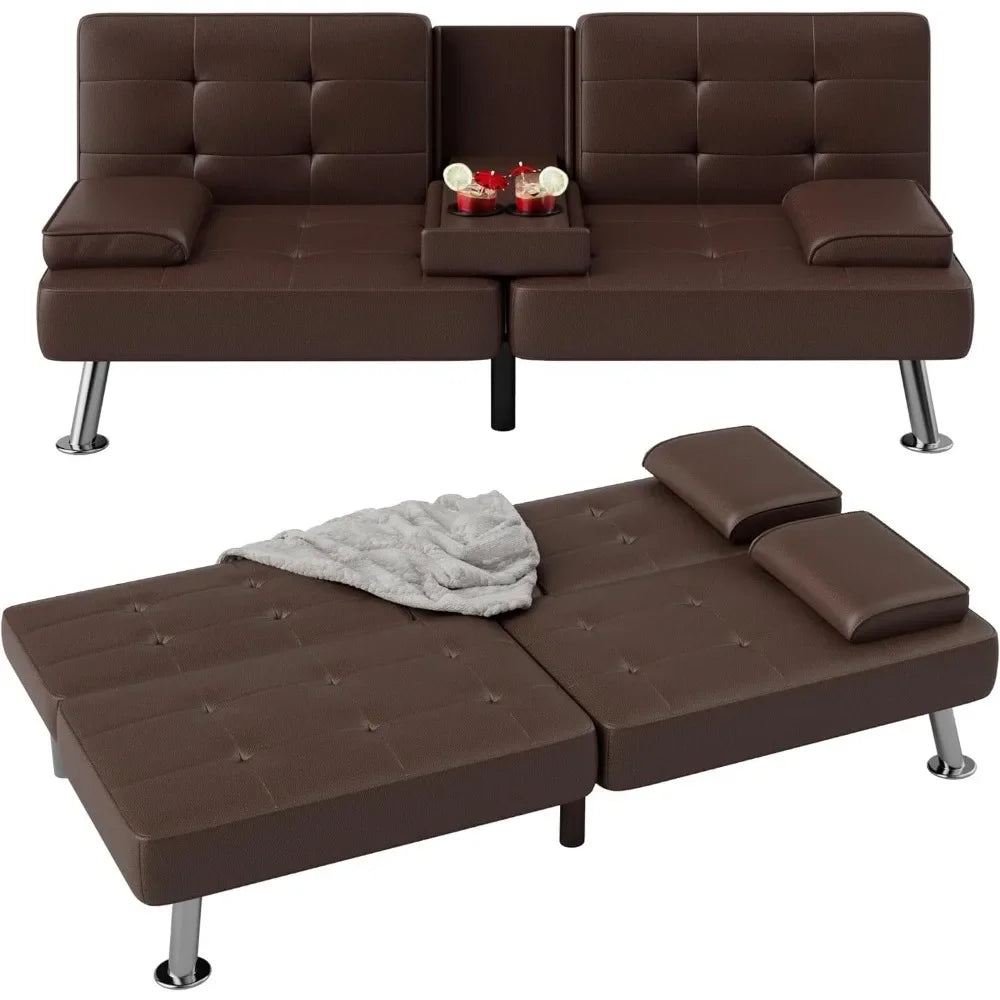 Sofa Bed Modern Faux Leather Couch with cupholders