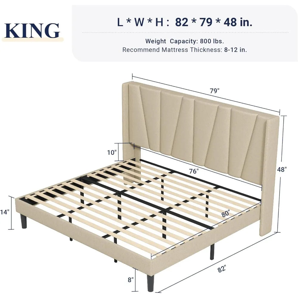 Bed Frame with Geometric Wingback Headboard