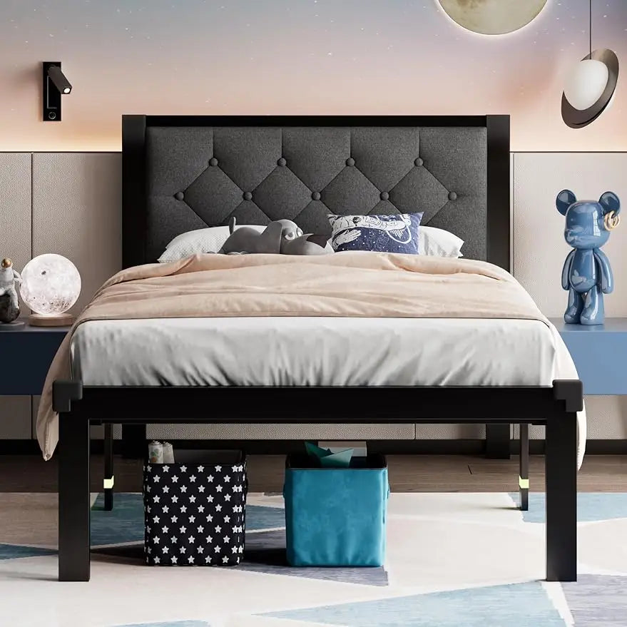 Twin Size Metal Bed Frame with Linen Upholstered Headboard