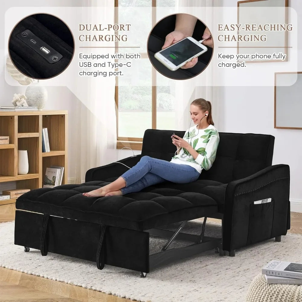 3 in 1 Sleeper Sofa Couch Bed with USB & Type C Port, 52"