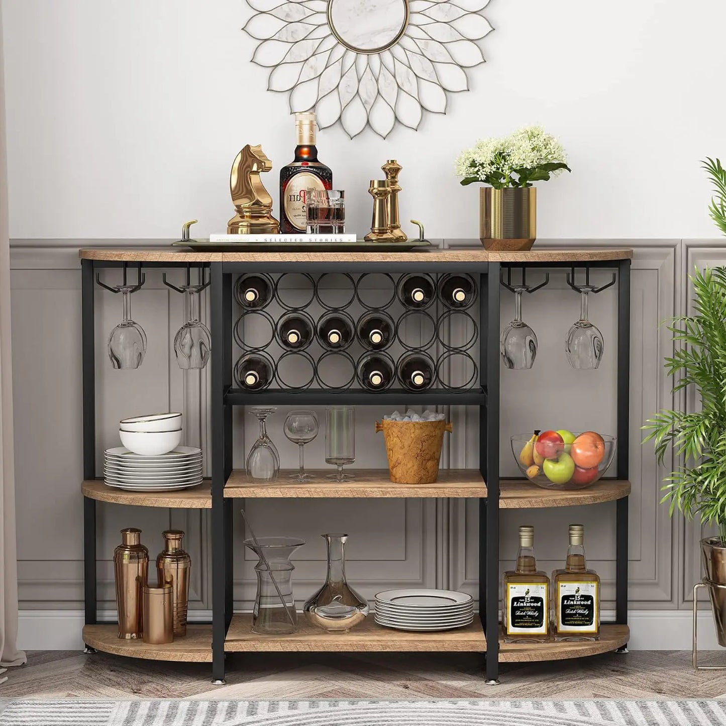 Wine Rack Table, 47 Inch Industrial Wine Bar Cabinet with Storage