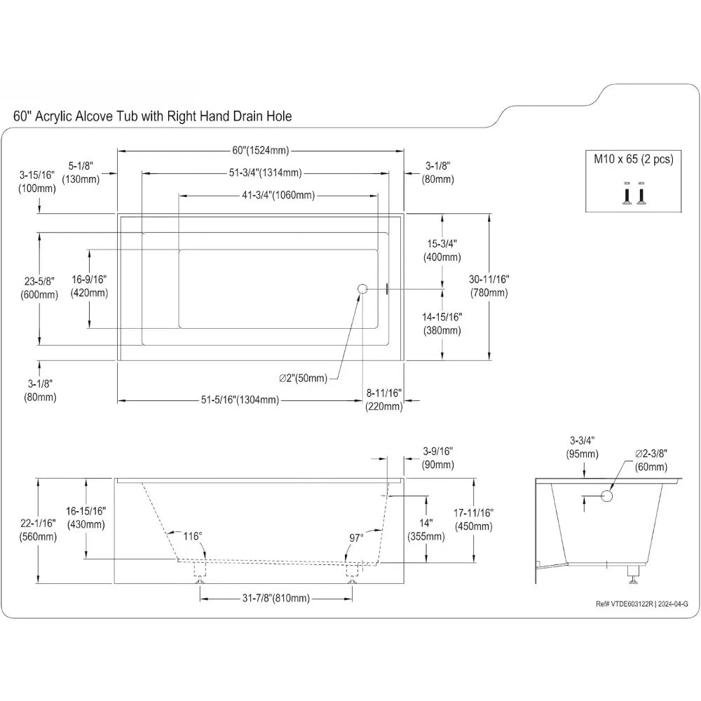 60-Inch Contemporary Acrylic Bathtub with Right Hand Drain and Overflow Holes