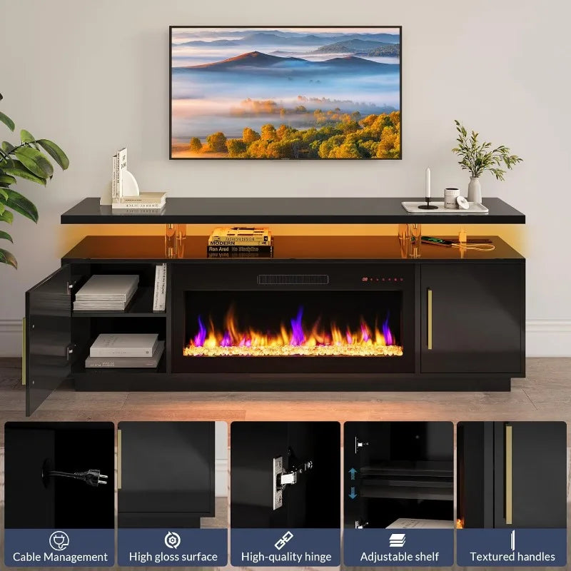 70" TV Stand for TVs up to 75", LED Light Entertainment Center with 36" Electric Fireplace Heater