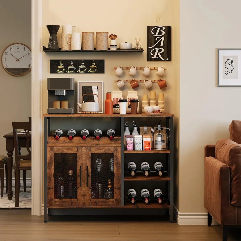 Wine Bar Cabinet with Glass Holder and Mesh Door