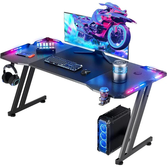 47 Inch Gaming Desk with LED Lights Carbon Fiber Surface