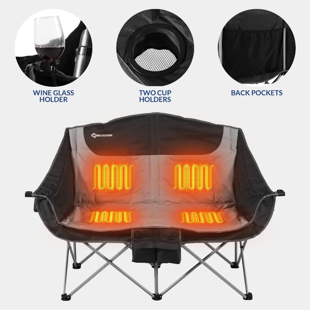 Heated Double Camping Chair, 2-Person Folding Chair with 12V 16000mAh Battery Pack