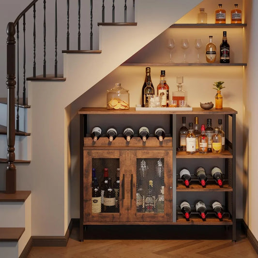 Wine Bar Cabinet with Glass Holder and Mesh Door