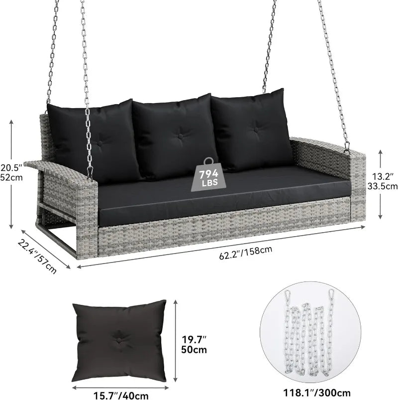 3-Seats Wicker Hanging Porch Swing Chair Outdoor Gray Rattan Patio Swing Lounge 3 Back Cushions