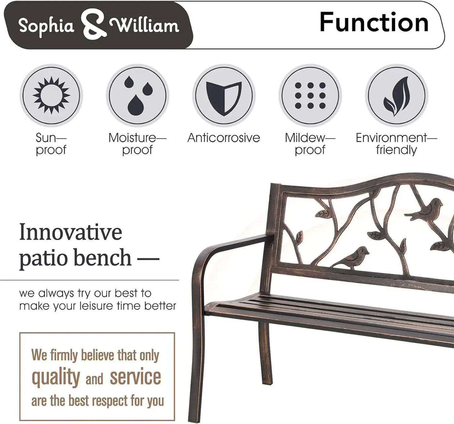 Sophia & William Outdoor Porch Bench, Bronze