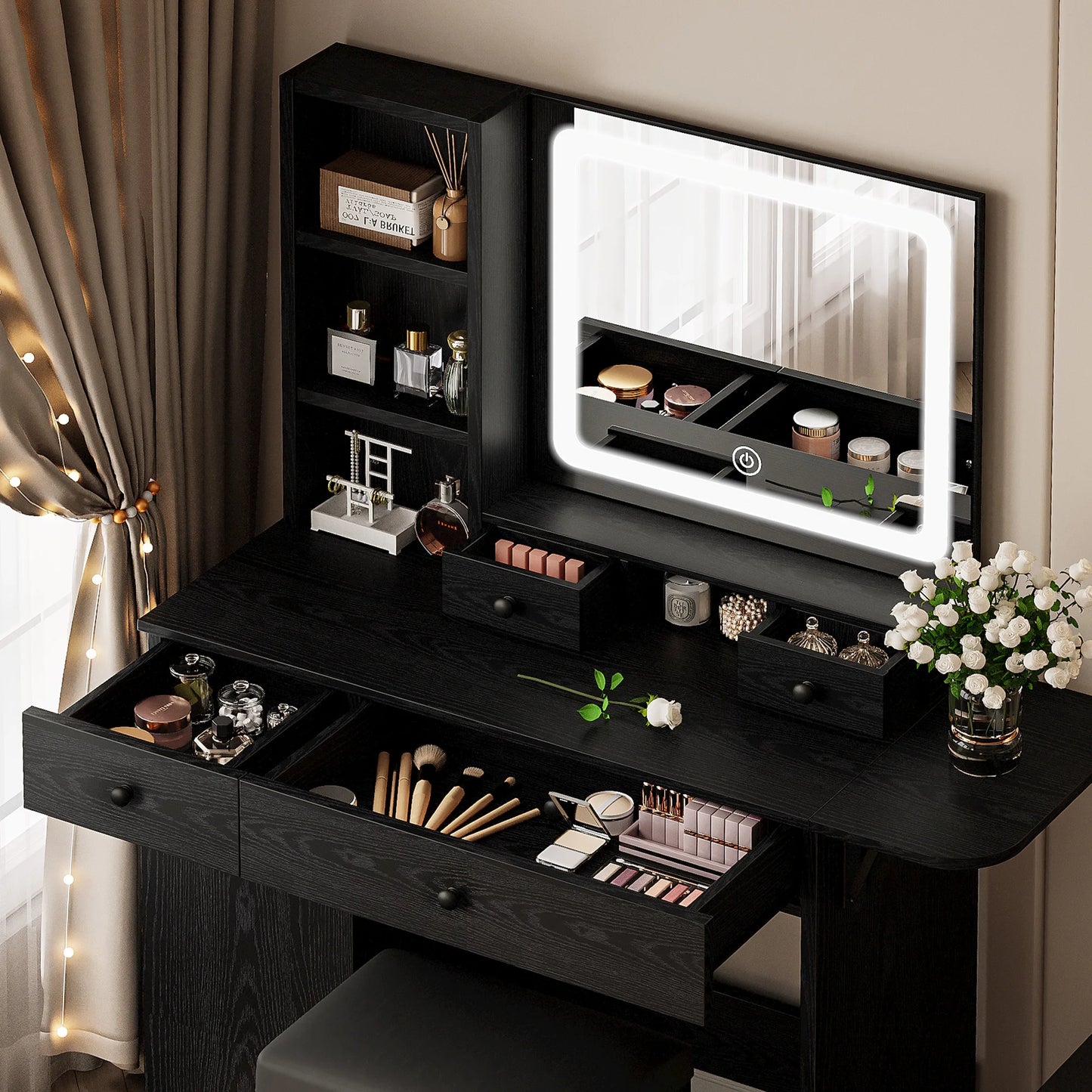 LIKIMIO Vanity Desk with Drawers, LED Lighted Mirror, Power Outlet & Cabinet, & Storage Stool